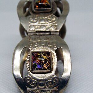 Mexican panel bracelet vintage with Dragons Breath glass or fire glass faux opal